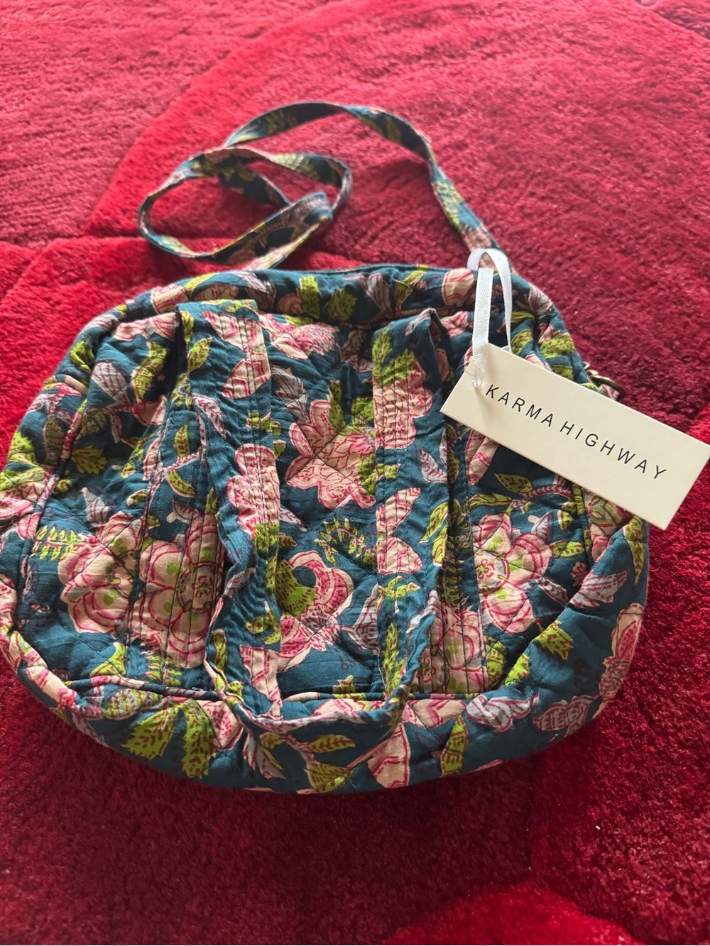 Karma Highway Quilted Floral Shoulder Bag in Teal and Pink
